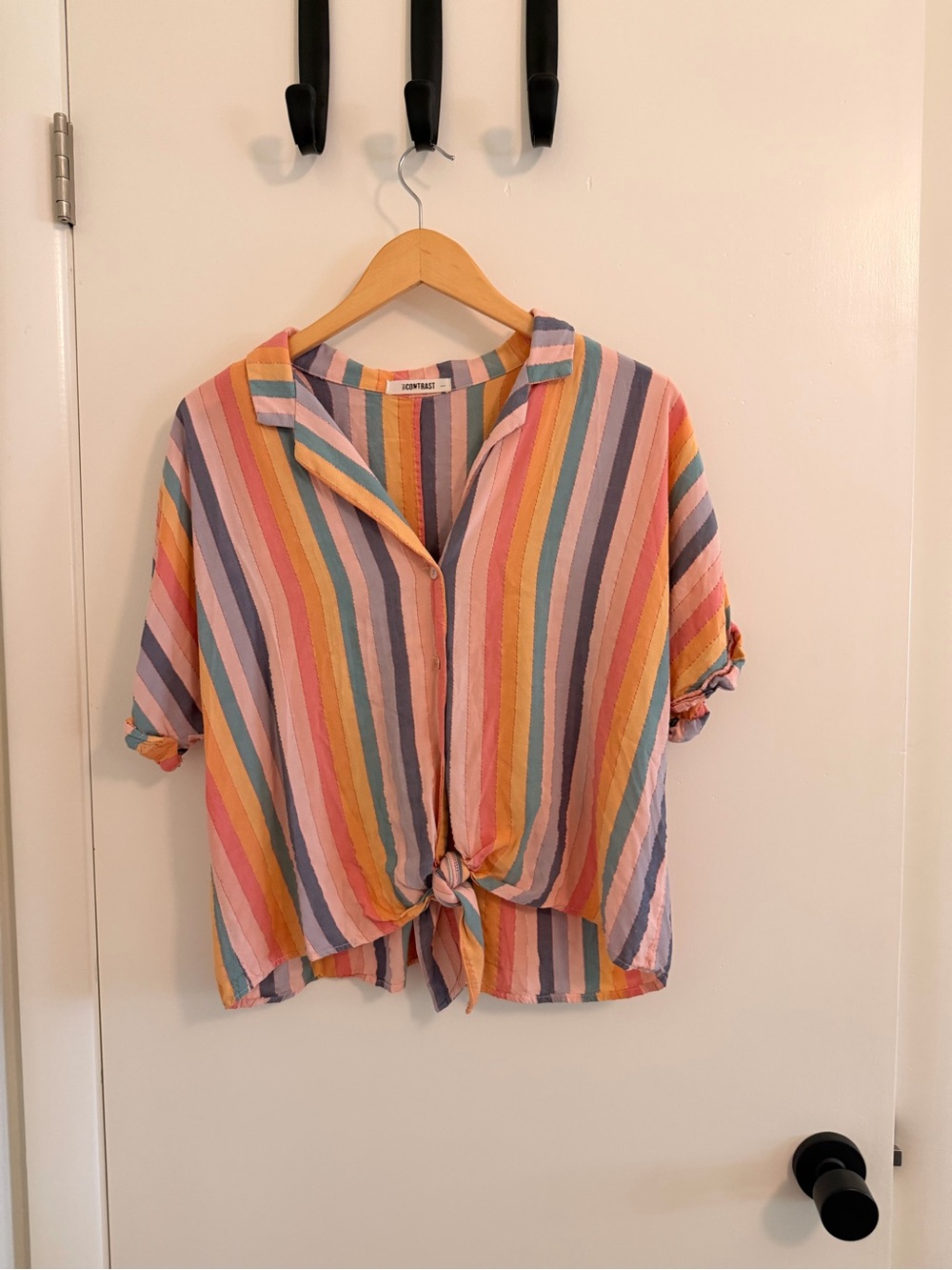 Self Contrast Multicolor Striped Tie-Front Button Down Shirt